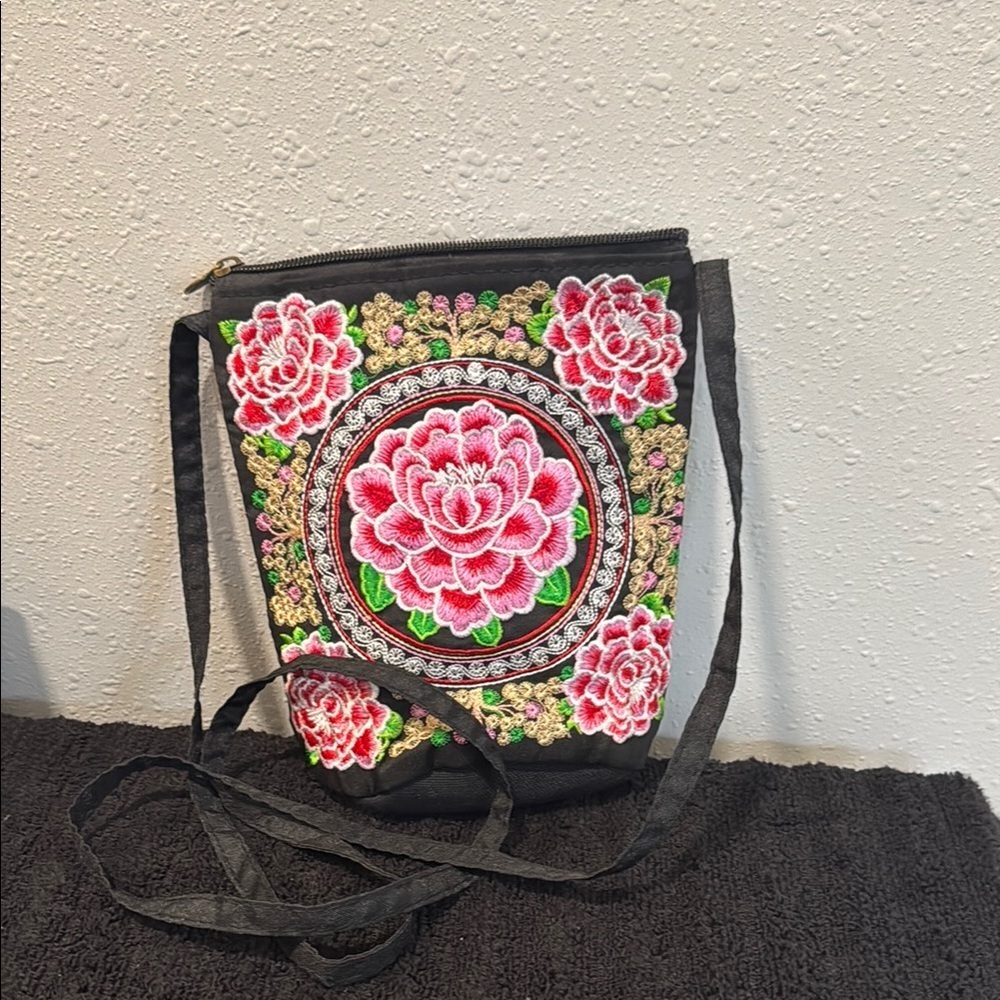 Pink and Black Floral Embroidered Crossbody Bag
